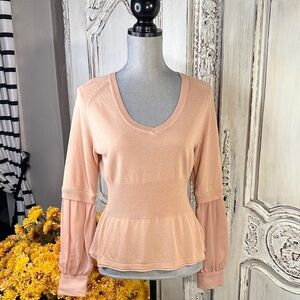 Talasa Dusty Blush Elegant V-Neck Long Statement Sleeves Women's Top